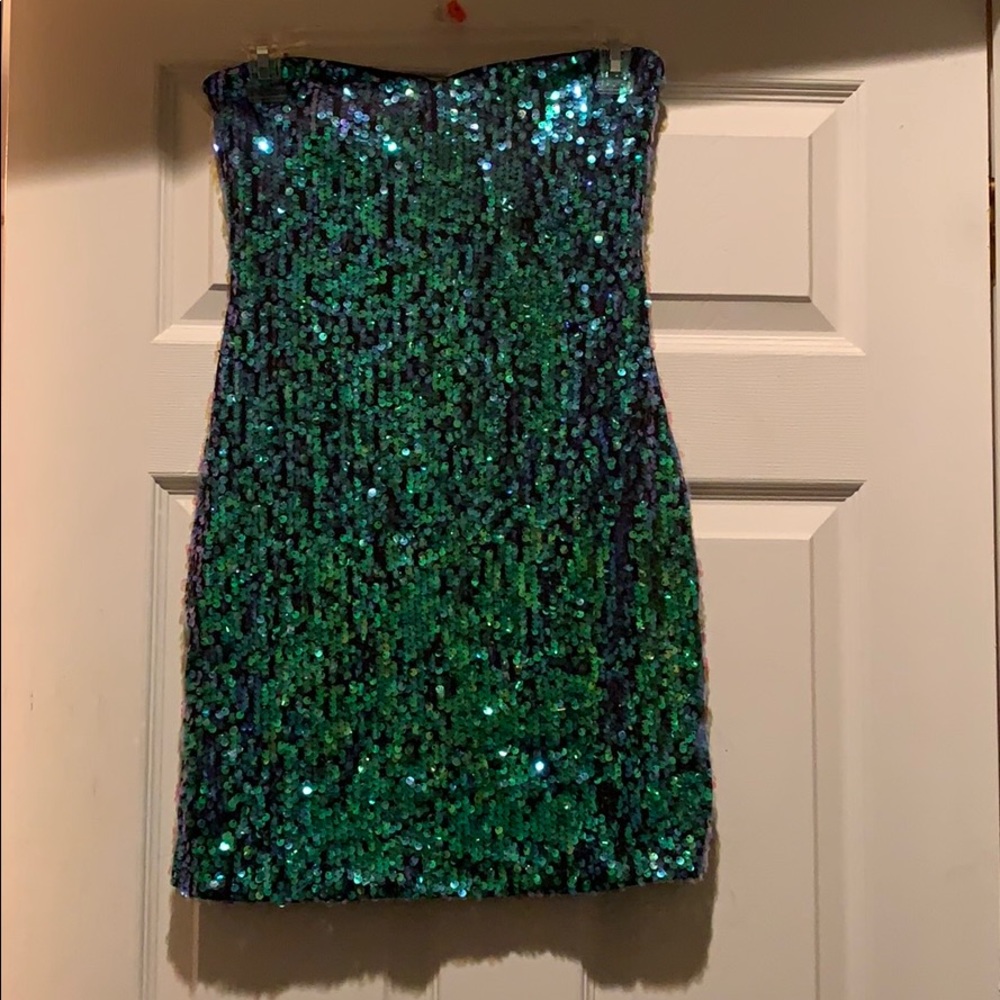 Iridescent green/blue sequin cocktail dress